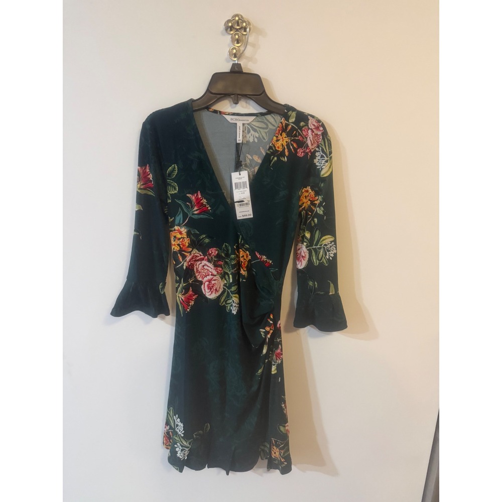 BCBGeneration Dark Green Floral Faux Wrap Mini Dress XXS NWT